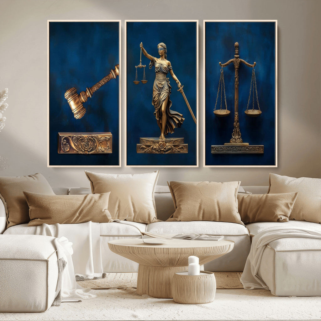 Lady Justice Wall Art Canvas Print, Elegant Gold Legal Symbols on Blue, Law Office Decor