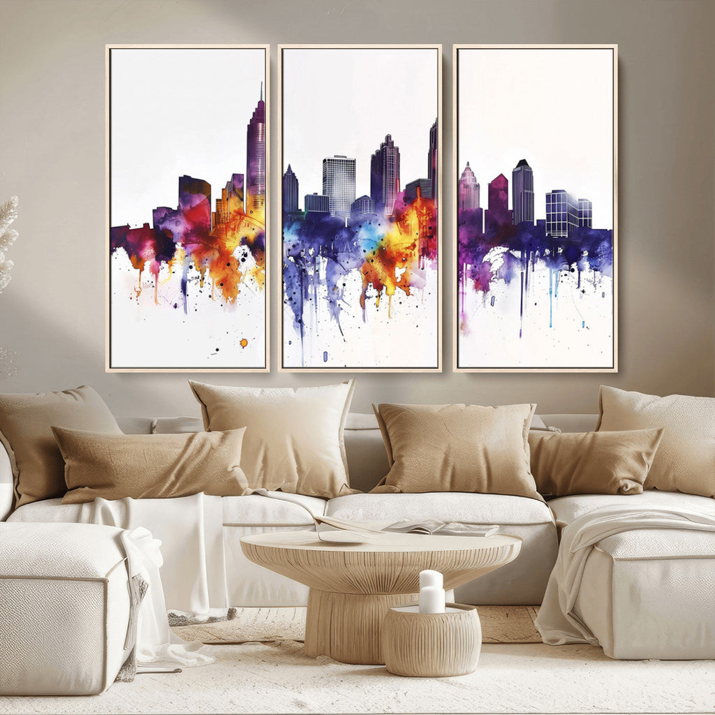 Atlanta Skyline Wall Art Canvas Print, Framed Colorful Watercolor Cityscape