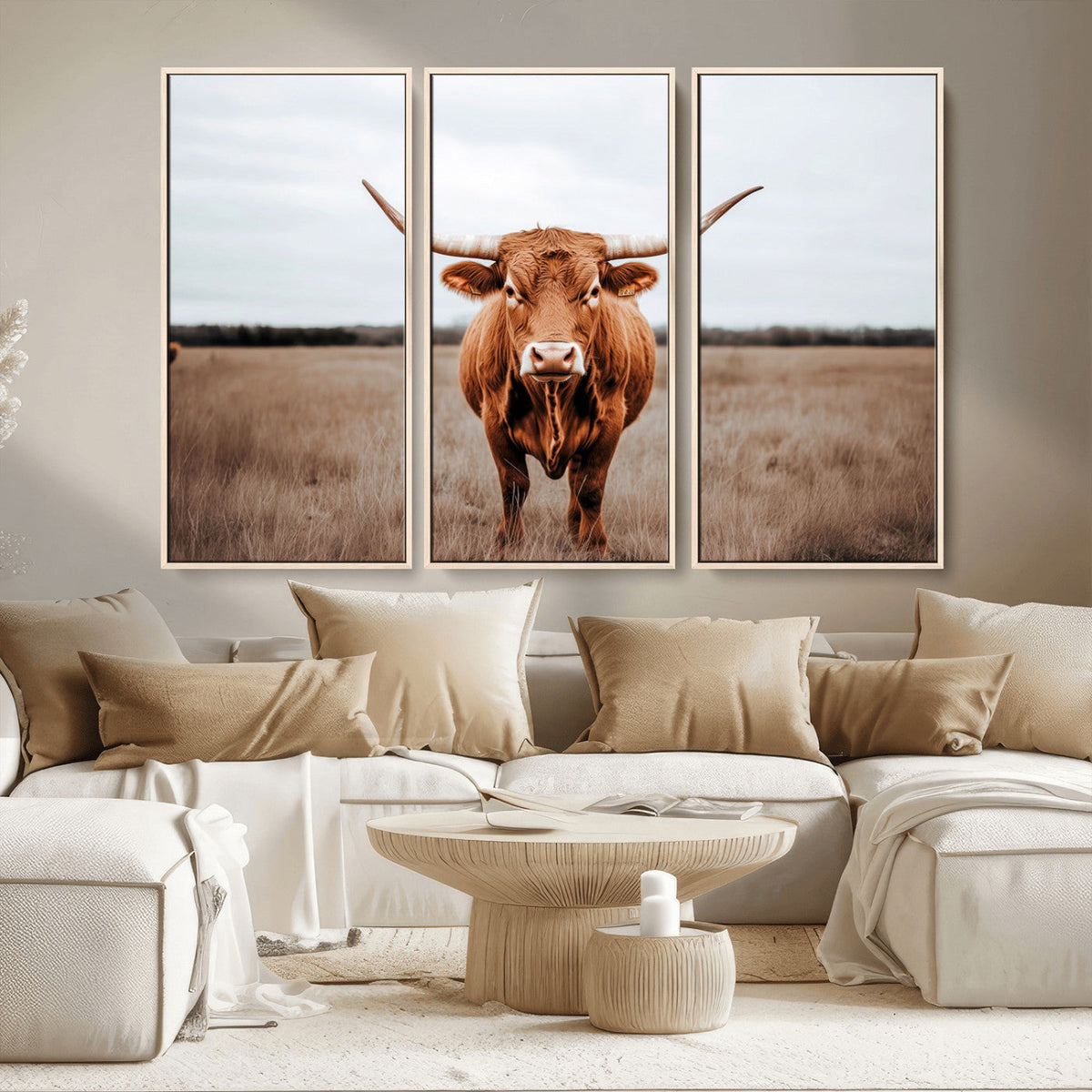 Longhorn Bull Wall Art Canvas Print, Framed Rustic Decor