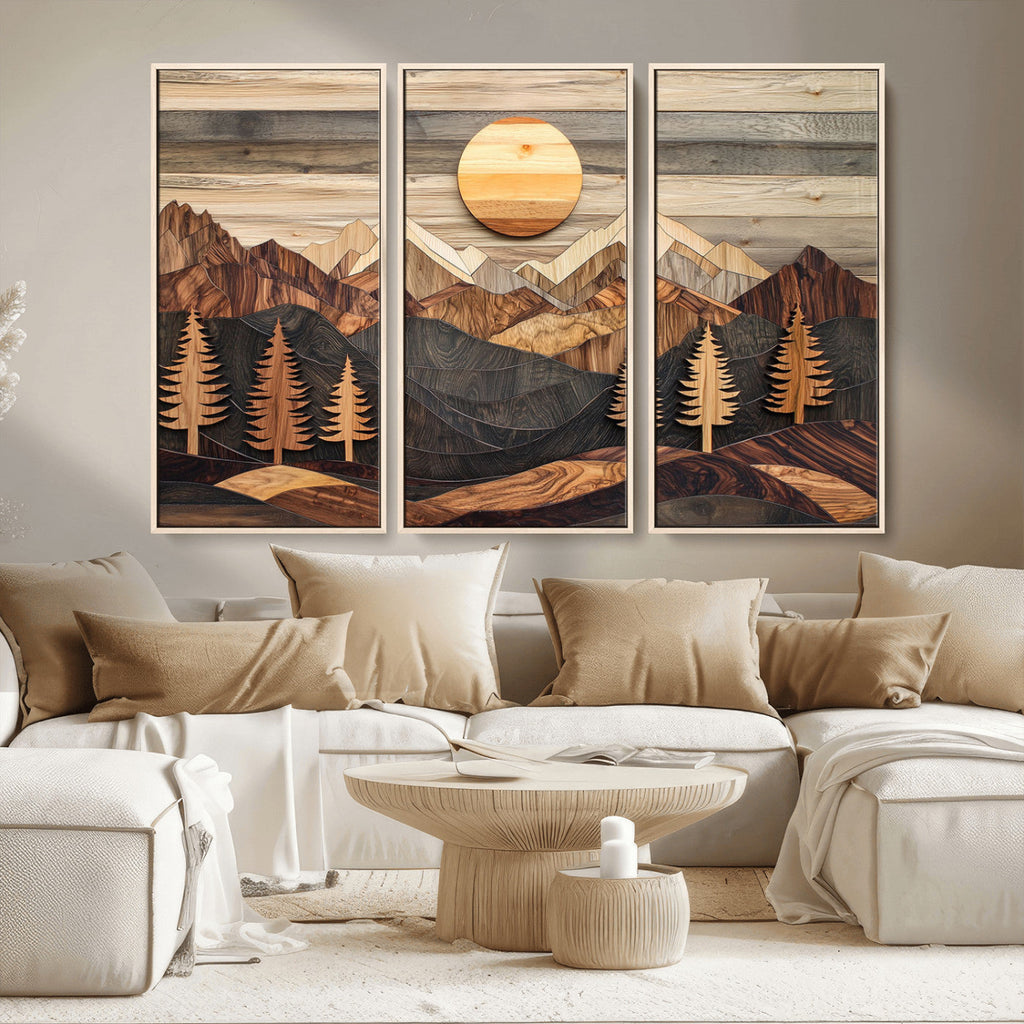 Wooden Mountain Layers Art | Rustic Pine Tree Landscape