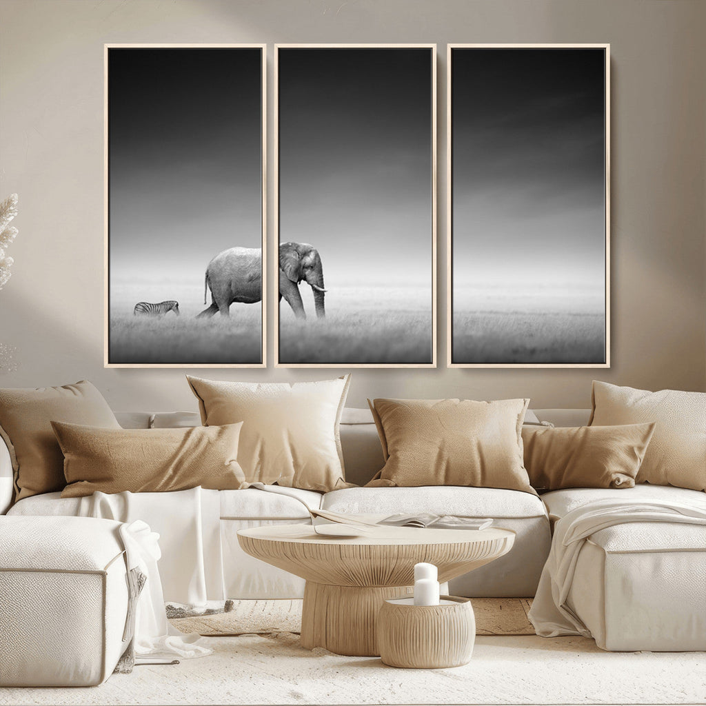 Elephant and Zebra Wall Art Canvas Print, Modern Artwork