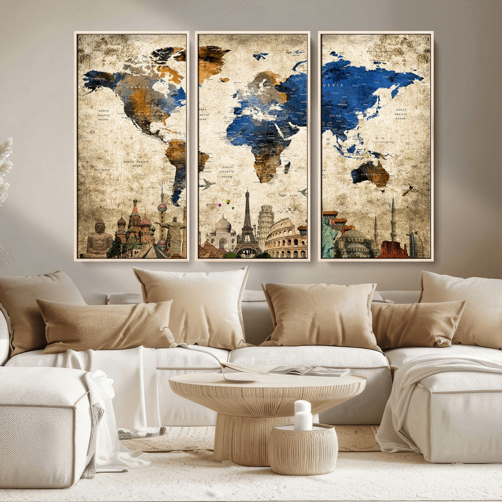 World Map Canvas Print | Vintage Blue and Gold World Map Wall Art