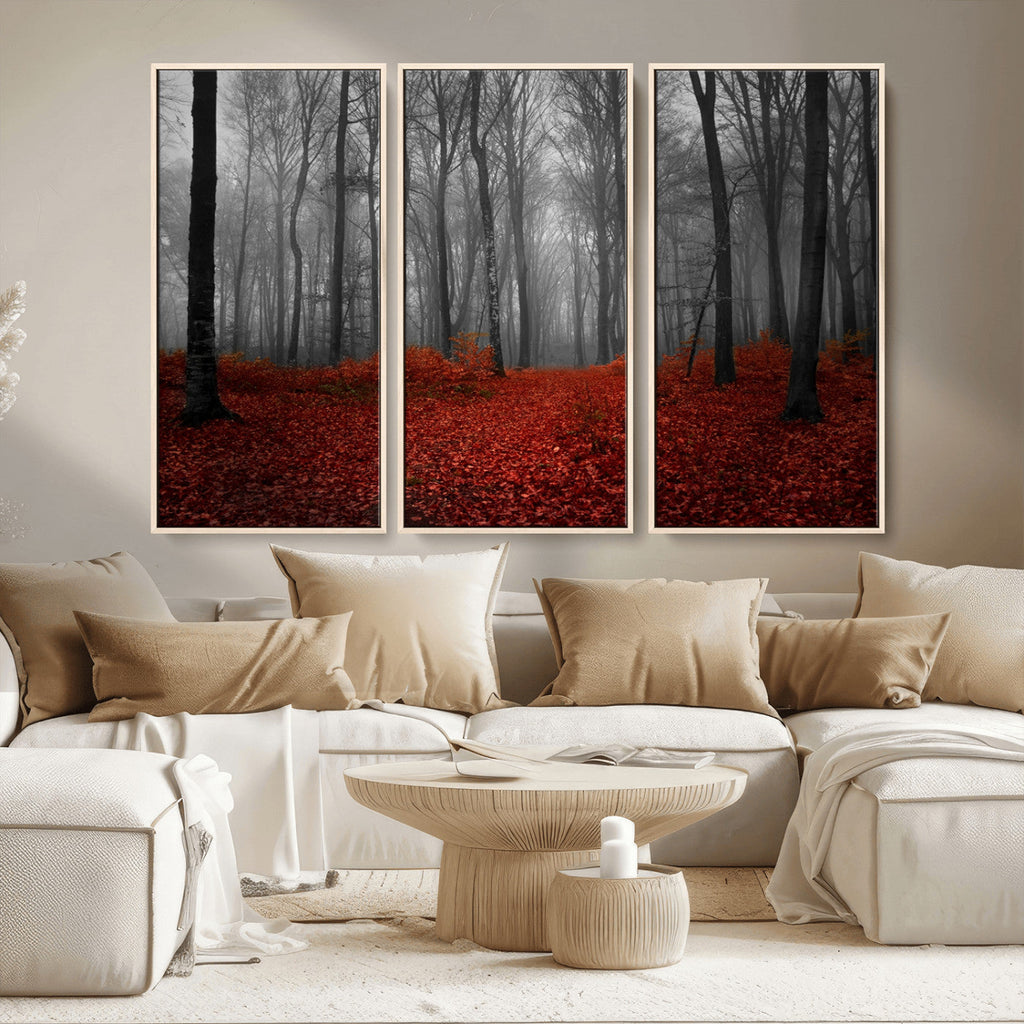 Red Forest Floor Canvas Wall Art | Mystical Foggy Woodland Triptych