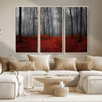 Red Forest Floor Canvas Wall Art | Mystical Foggy Woodland Triptych