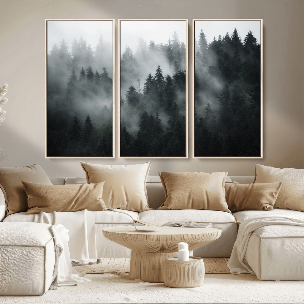 Foggy Forest Wall Art Canvas Print | 3 Panel Large Misty Landscape