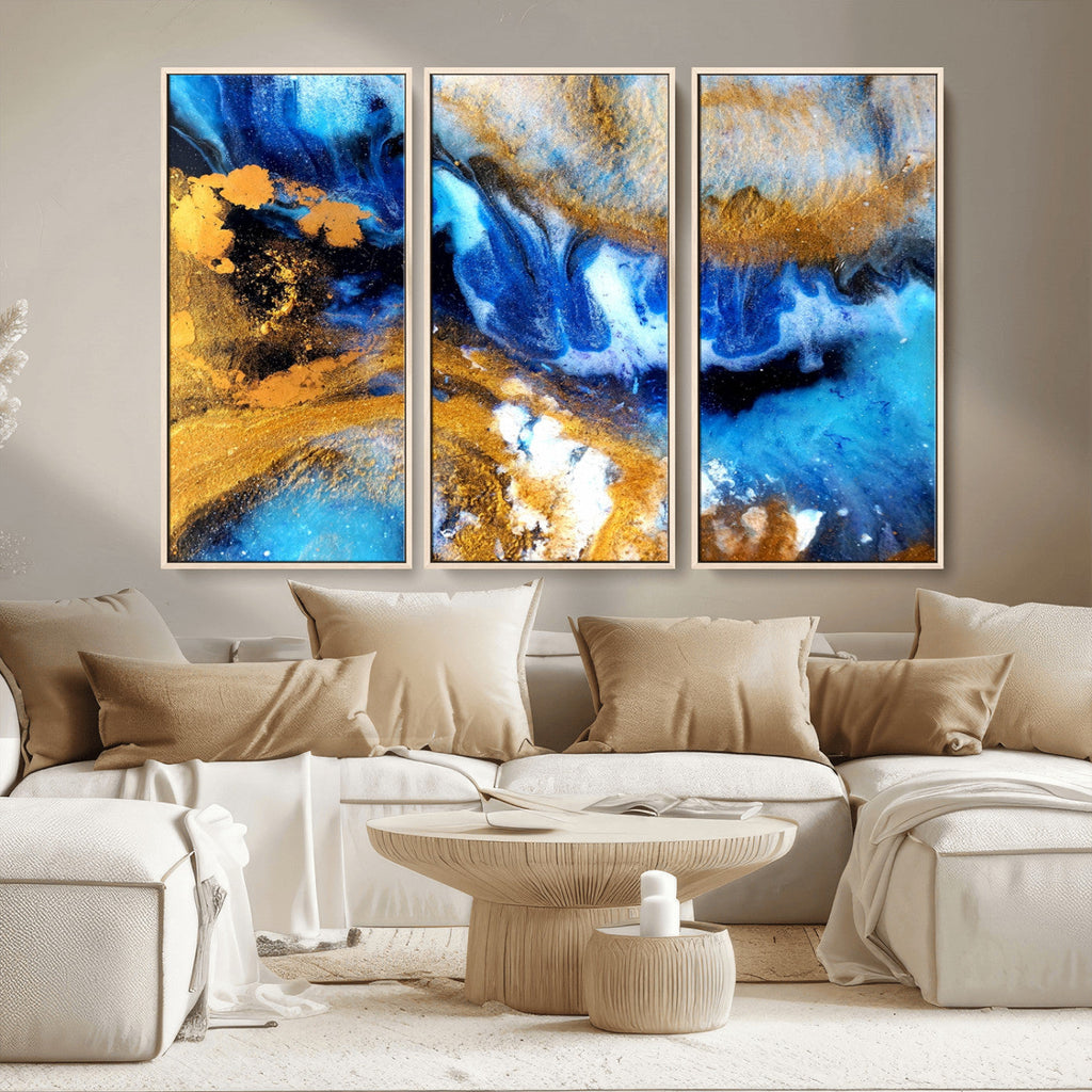 Blue Orange Marble Fluid Effect Canvas Wall Art Print