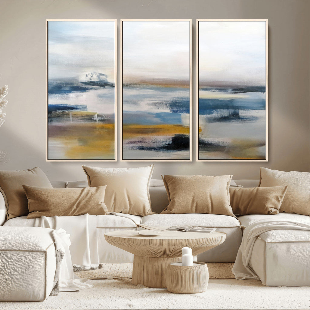 Abstract Landscape Wall Art Canvas | 3 Panel Modern Blue, Gold and White Canvas Art