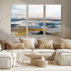 Abstract Landscape Wall Art Canvas | 3 Panel Modern Blue, Gold and White Canvas Art