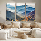 Misty Mountain Sunrise Triptych Canvas Print | Autumn Landscape Wall Art