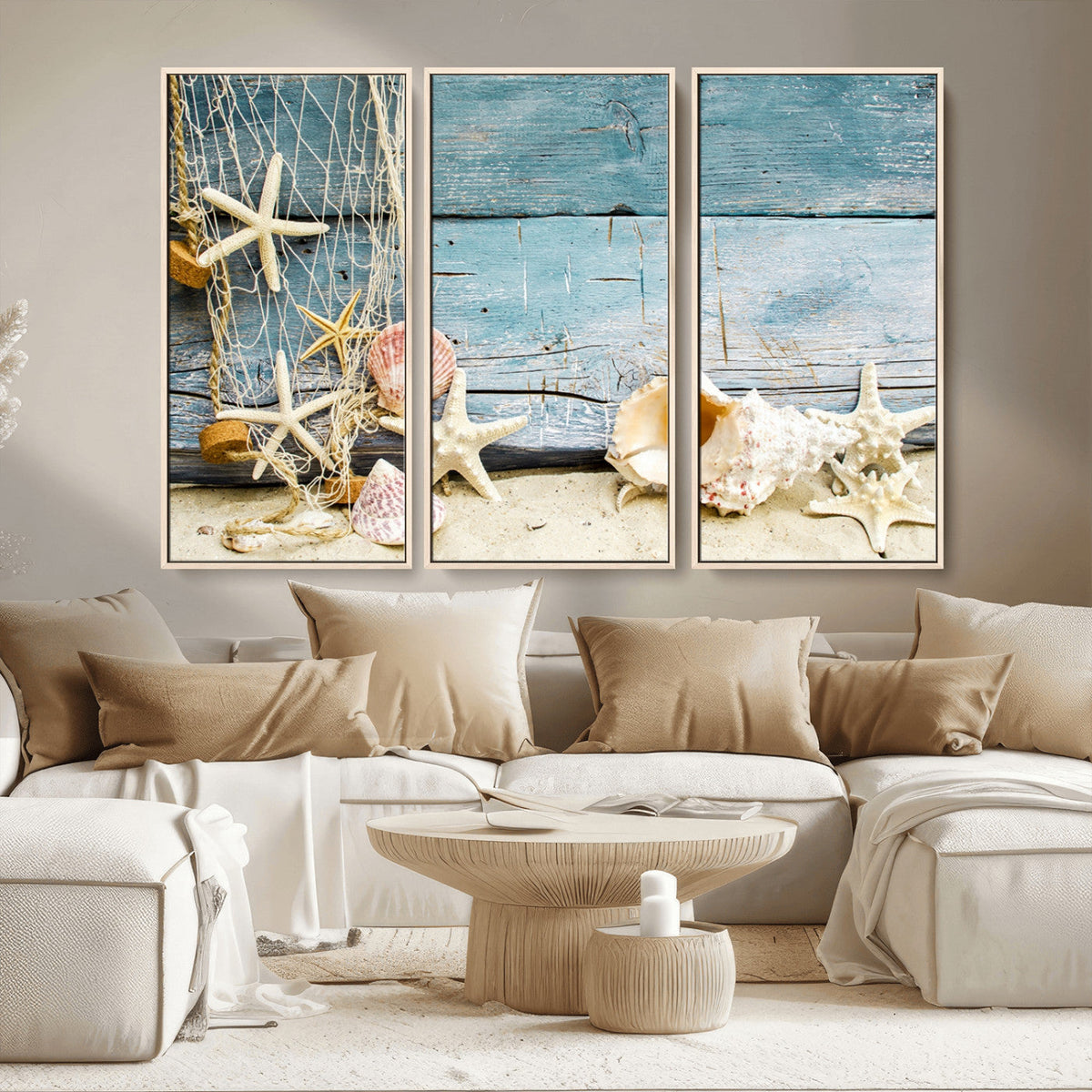 Seashells on Rustic Wooden Background, Seashells Wall Art