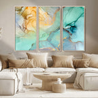Abstract Aqua and Gold Fluid Wall Art Canvas | 3 Panel Large Canvas Print