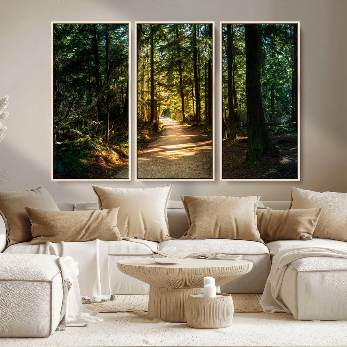 Sunlit Forest Pathway Canvas Print | 3 Panel Large Nature Wall Art