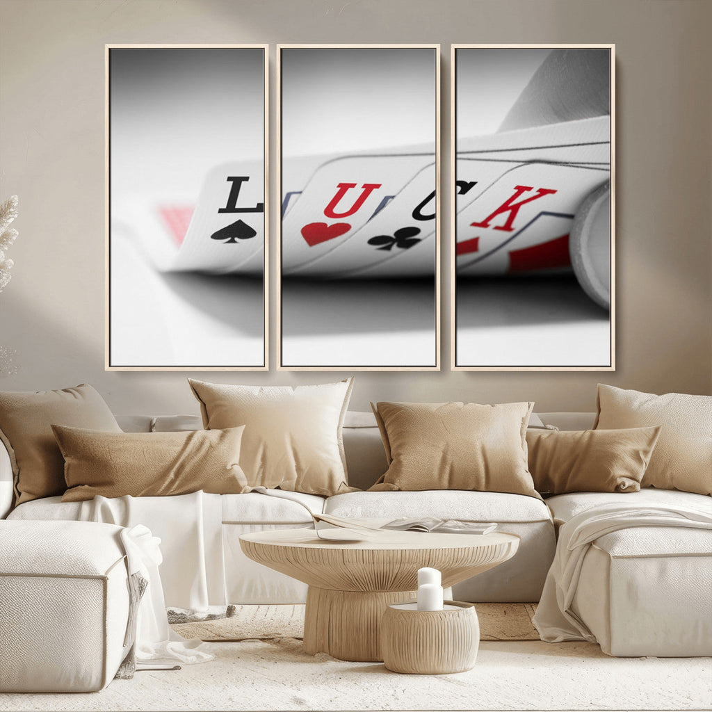 Framed Lucky Poker Cards Canvas | Modern Triptych Wall Art for Game Rooms