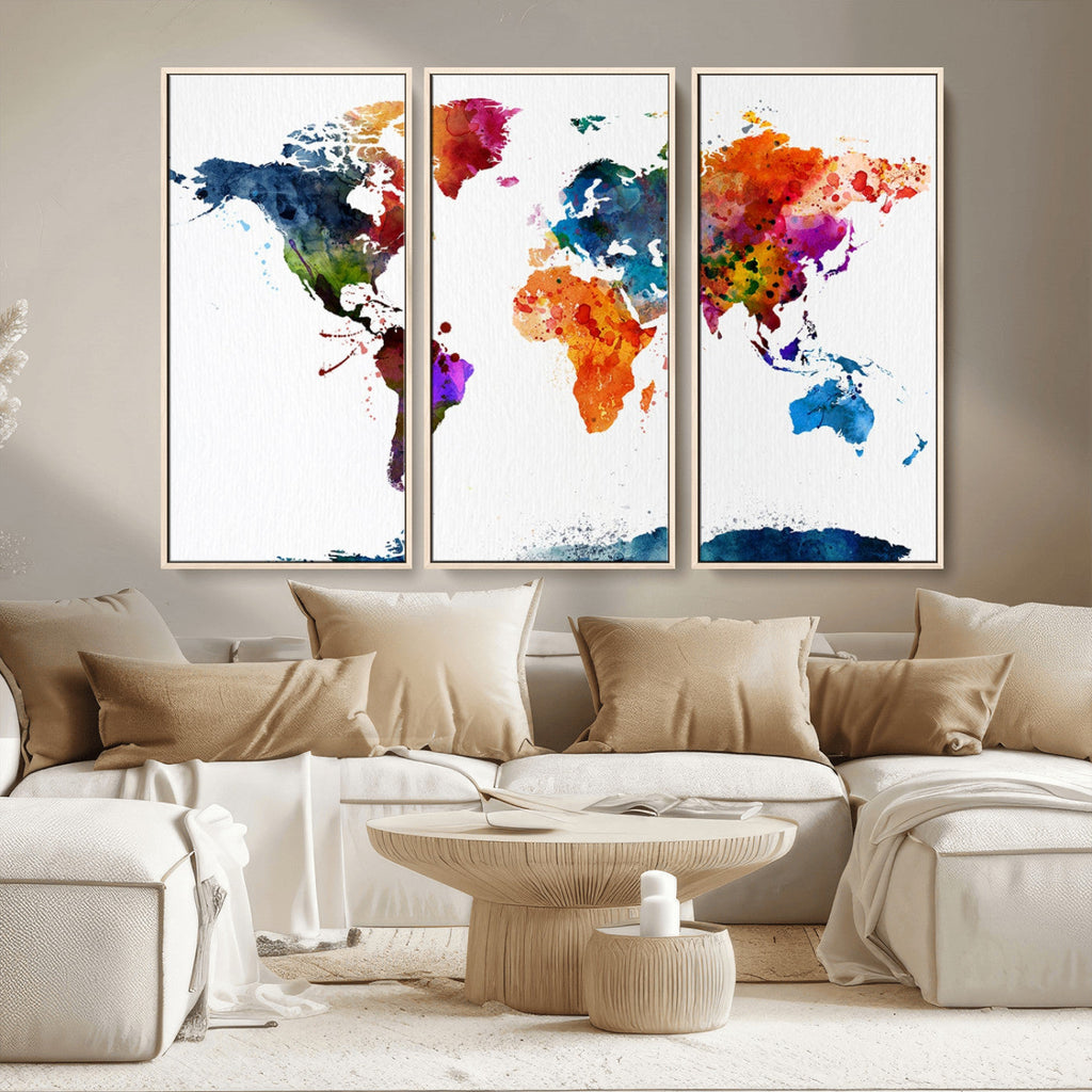 Bold Colorful World Map Canvas Print | Detailed Map of the World Wall Art