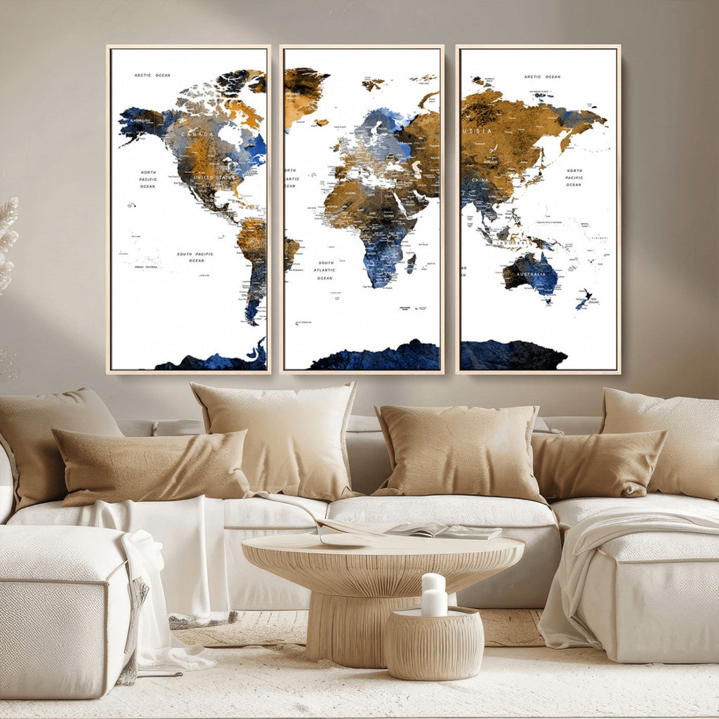 Modern Abstract World Map Canvas Wall Art | Framed Blue and Gold Map Print