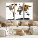Modern Abstract World Map Canvas Wall Art | Framed Blue and Gold Map Print