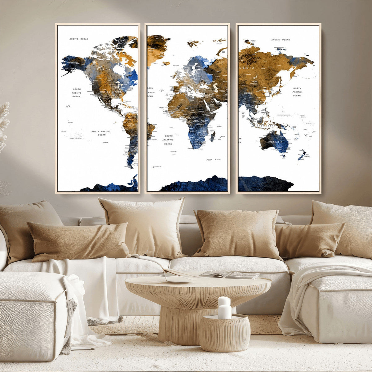 Modern Abstract World Map Canvas Wall Art | Framed Blue and Gold Map Print