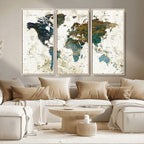 Vintage World Map Wall Art Canvas Print, Framed Rustic Earth Tone Map