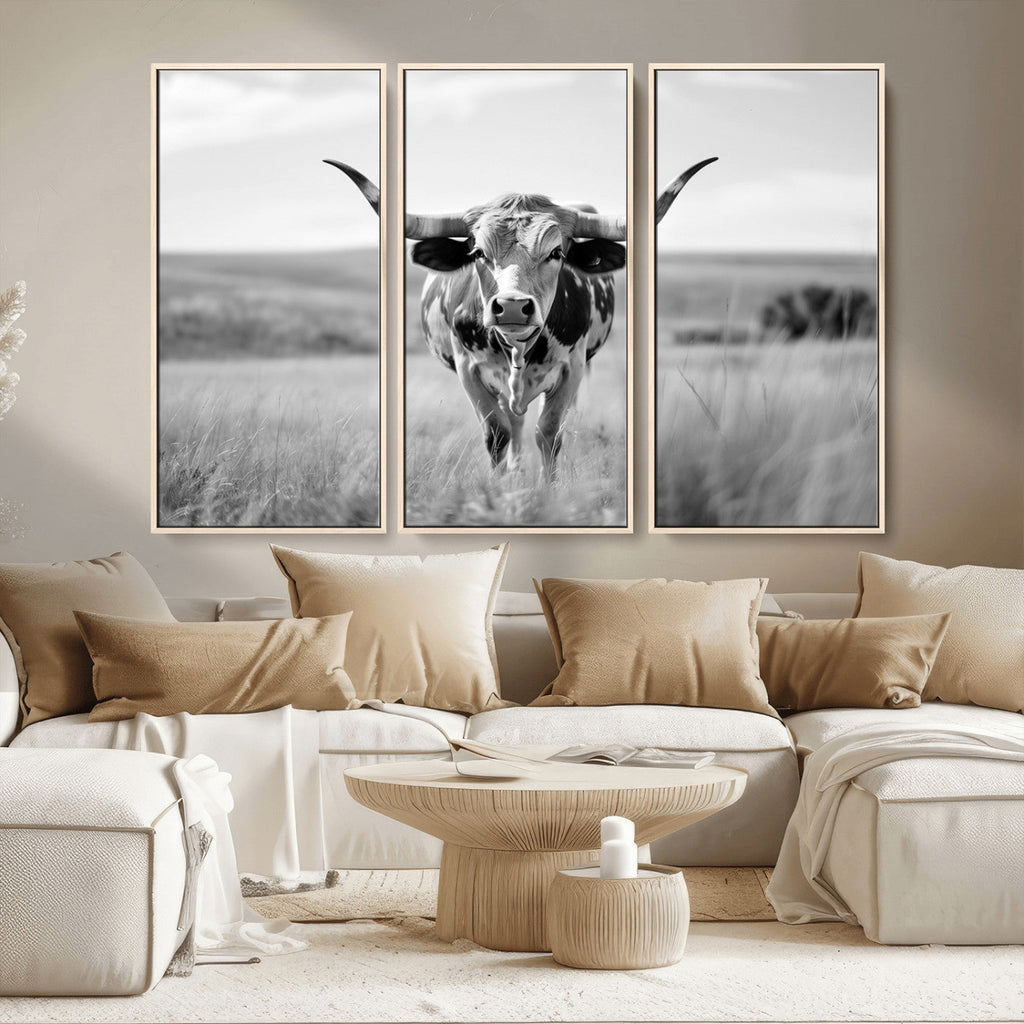 Texas Cow Longhorn Wall Art Canvas Print for Farm House Wall Art, Framed and Ready to Hang