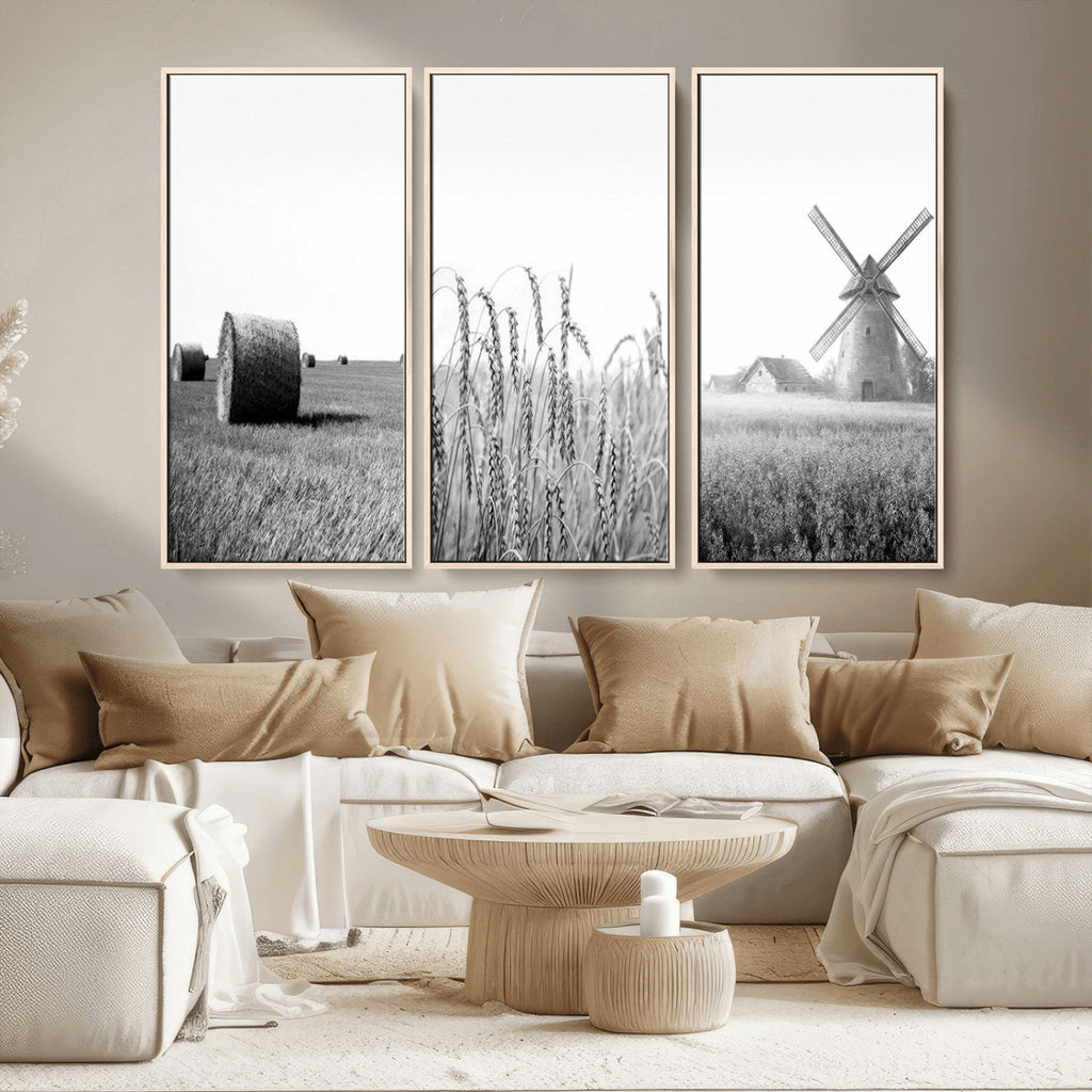 Vintage Farmhouse Black and White Triptych Wall Art, Giclee Canvas with Wheat Fields, Hay Bales and Windmill