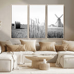 Vintage Farmhouse Black and White Triptych Wall Art, Giclee Canvas with Wheat Fields, Hay Bales and Windmill