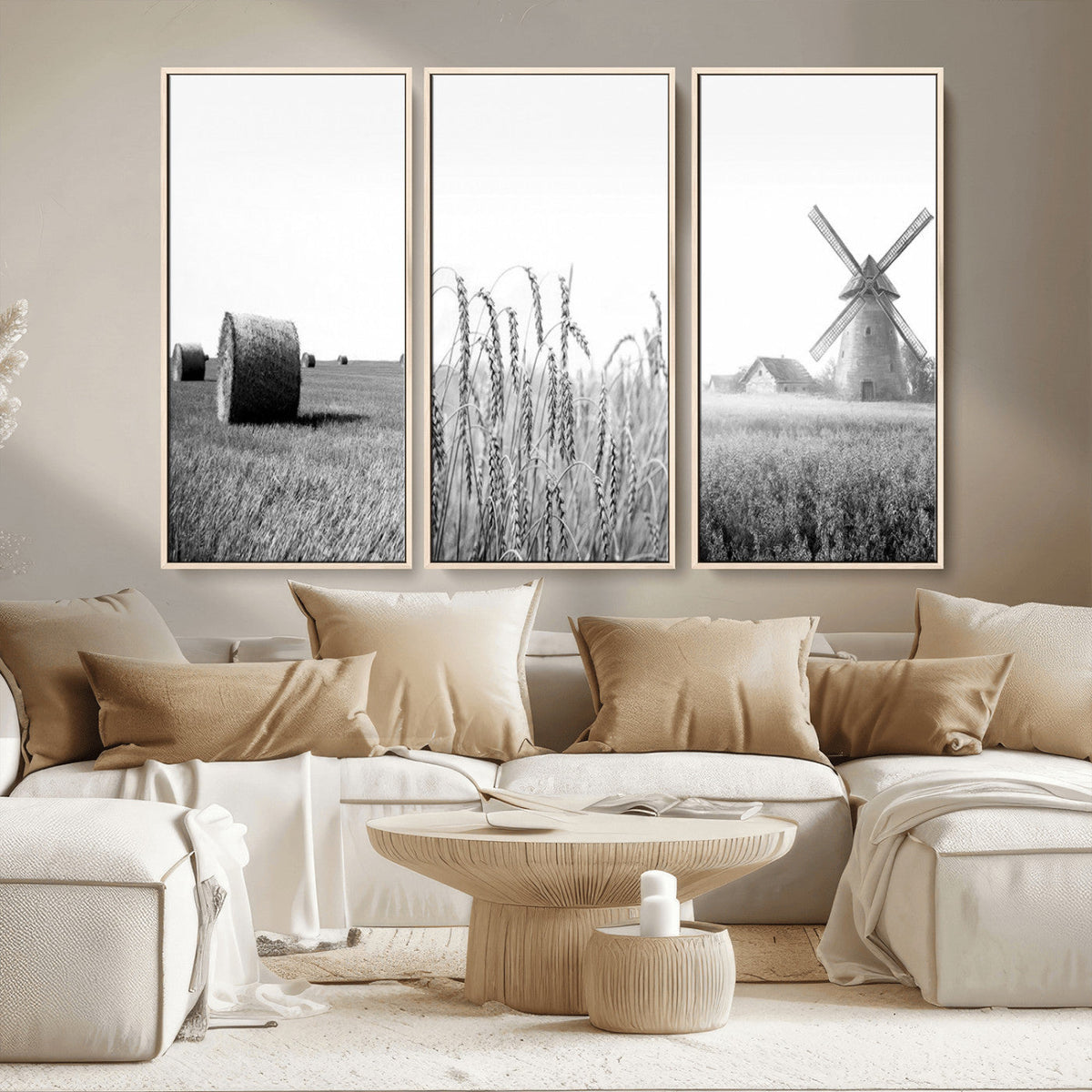 Vintage Farmhouse Black and White Triptych Wall Art, Giclee Canvas with Wheat Fields, Hay Bales and Windmill