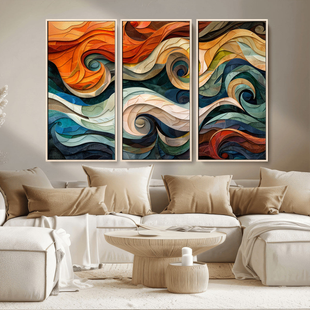 Abstract Wave Wall Art, Ready to Hang Framed Canvas Print | Extra Large 3 Piece Canvas Wall Art