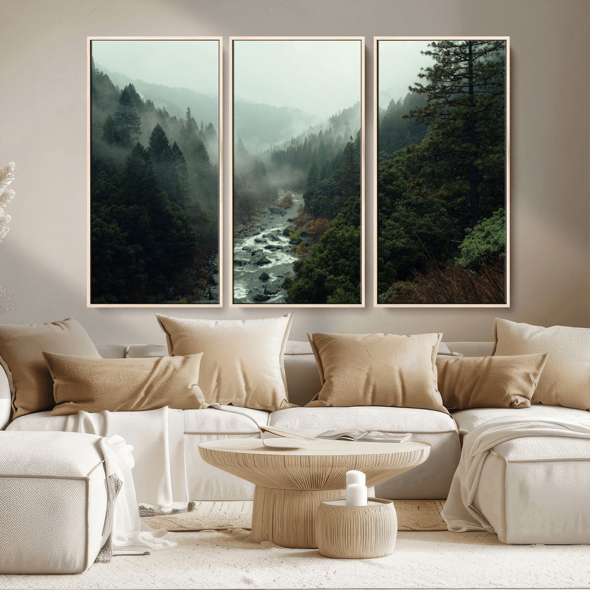 Misty Forest Wall Art, Tranquil Nature Landscape, Ready to Hang | Extra Large 3 Piece Canvas Wall Art