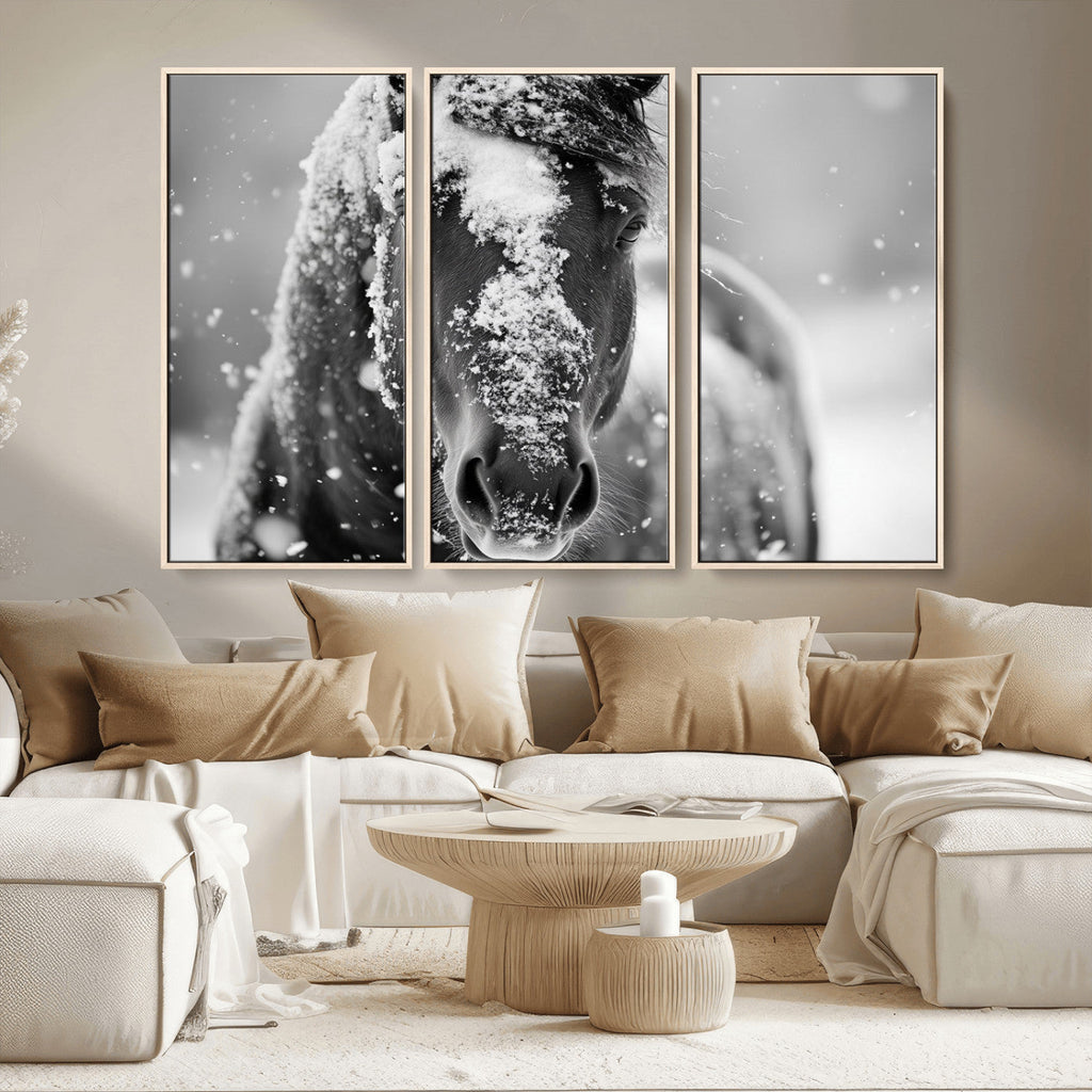 Black and White Horse Winter Wall Art, Ready to Hang