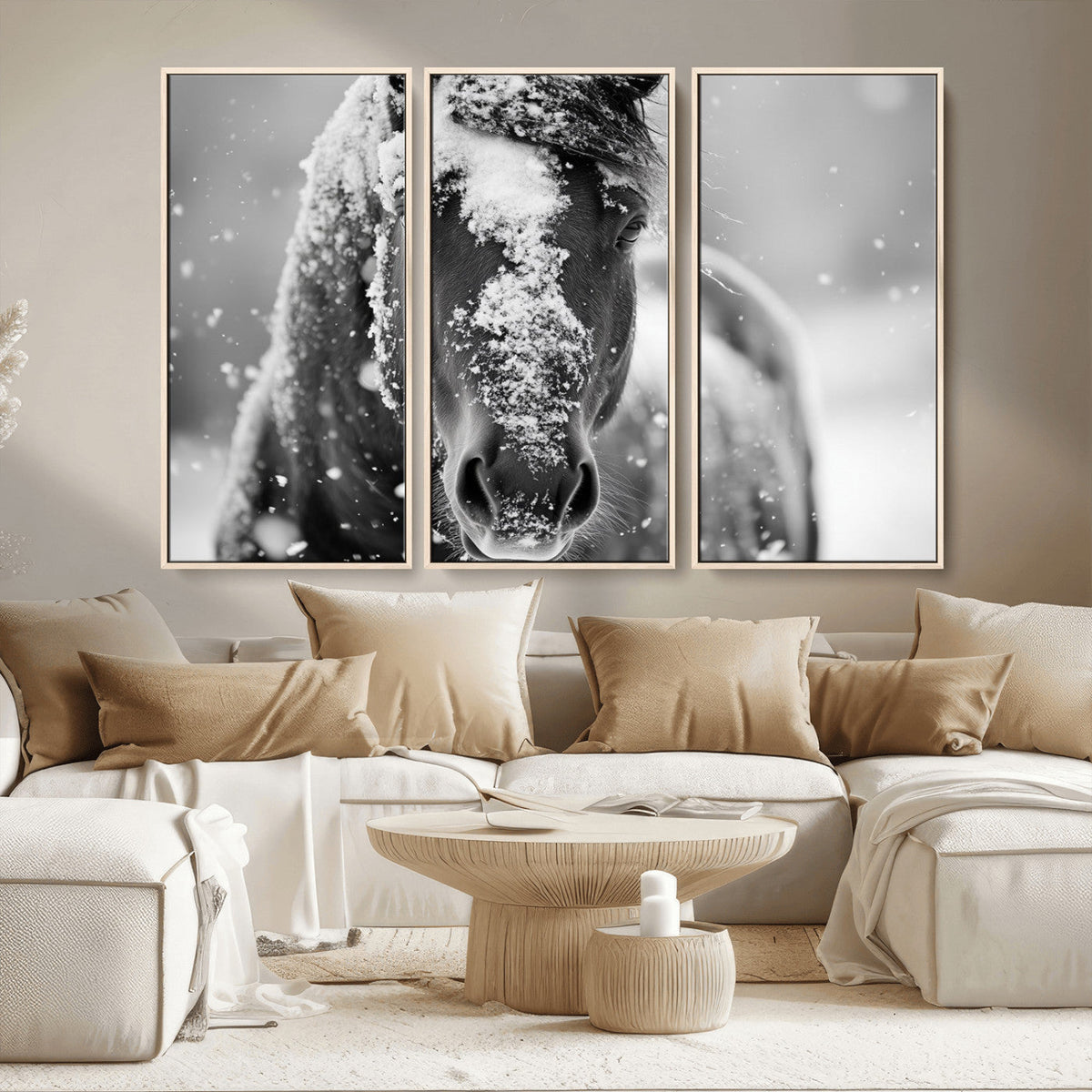 Black and White Horse Winter Wall Art, Ready to Hang