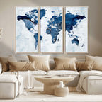 Modern Blue World Map Canvas Print | Elegant Travel Map Wall Art for Home Office