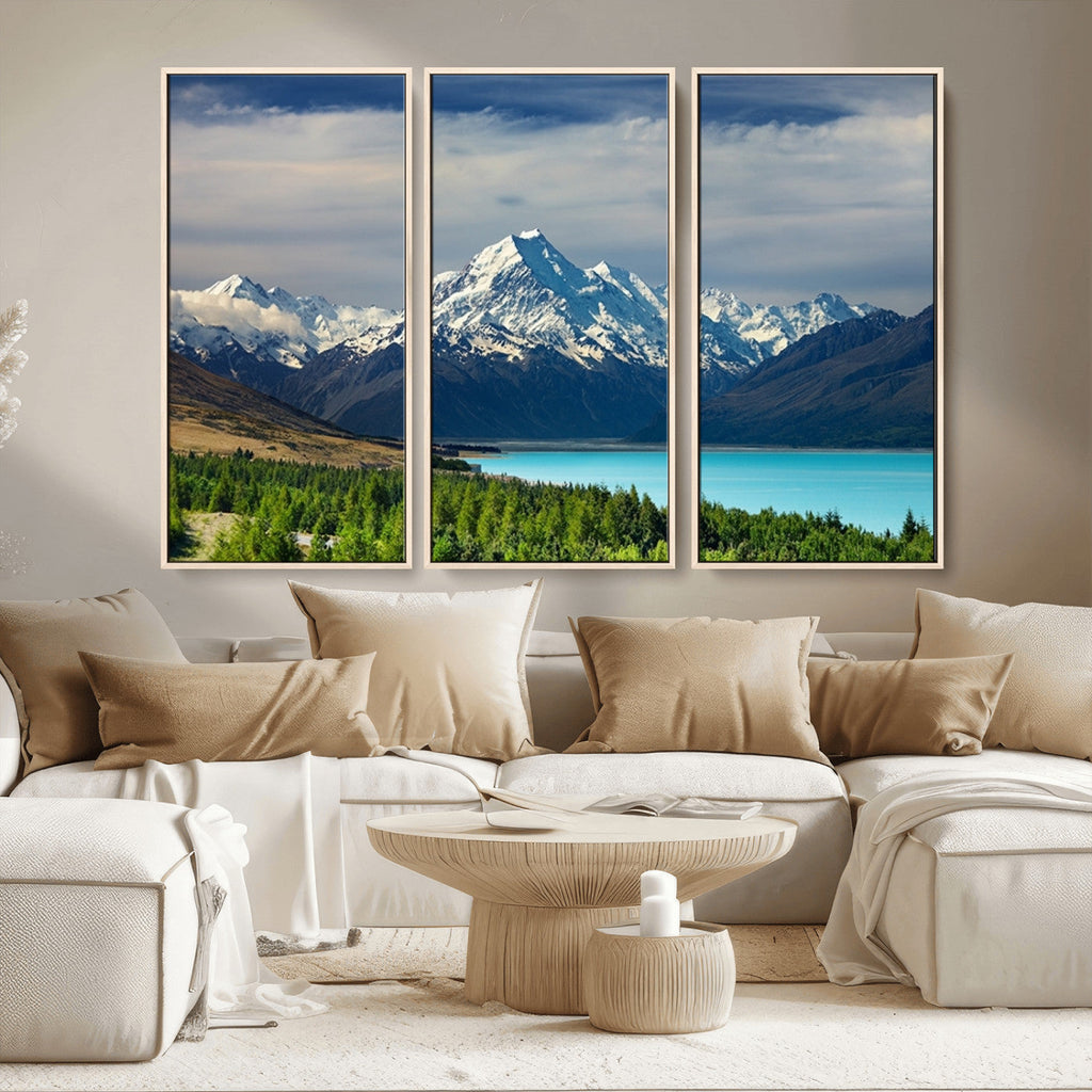 Mount Cook and Lake Pukaki Canvas Wall Art Print | Majestic Snow Capped Peaks