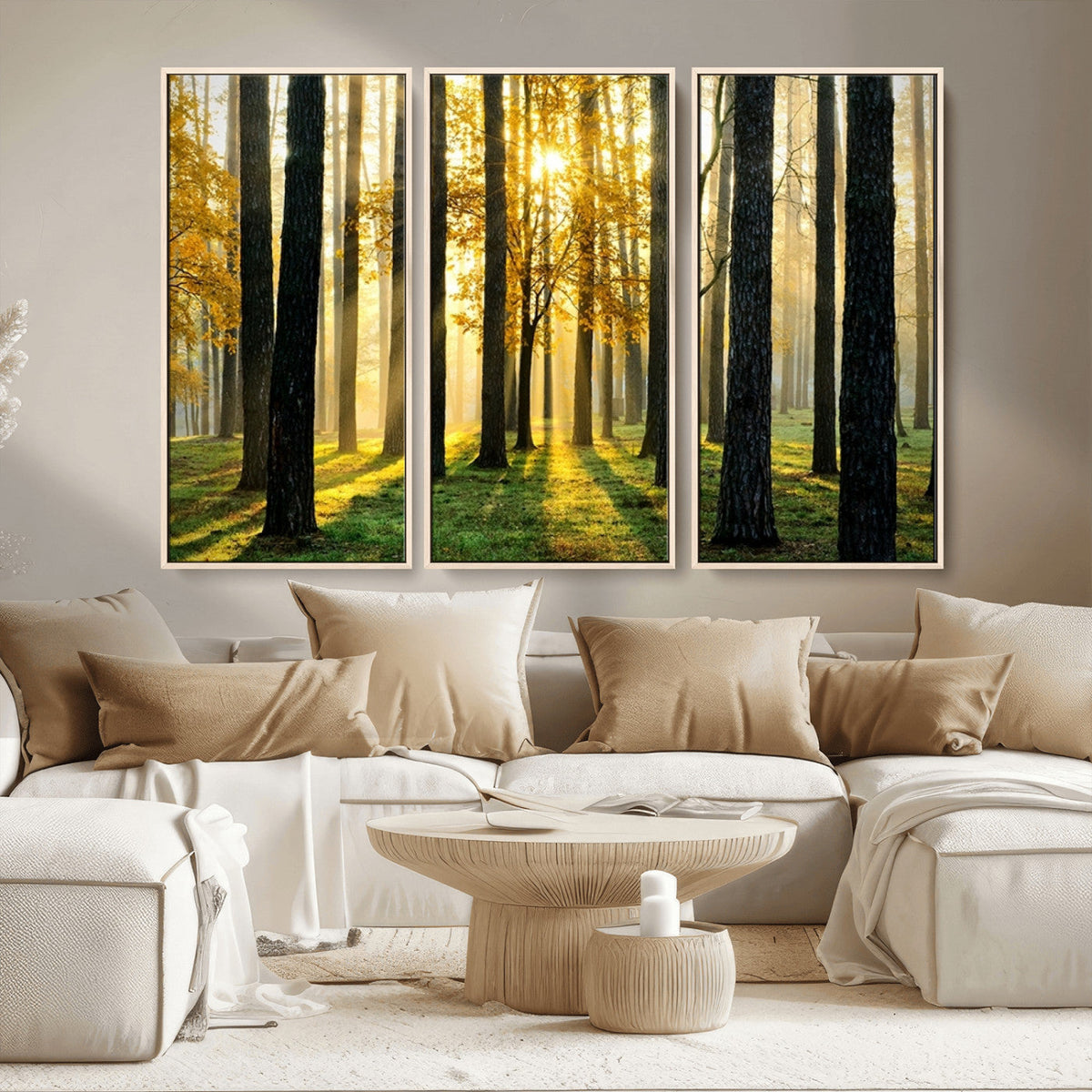 Sunlit Forest Wall Art Canvas Print, Large Framed Woodland Scene with Golden Light