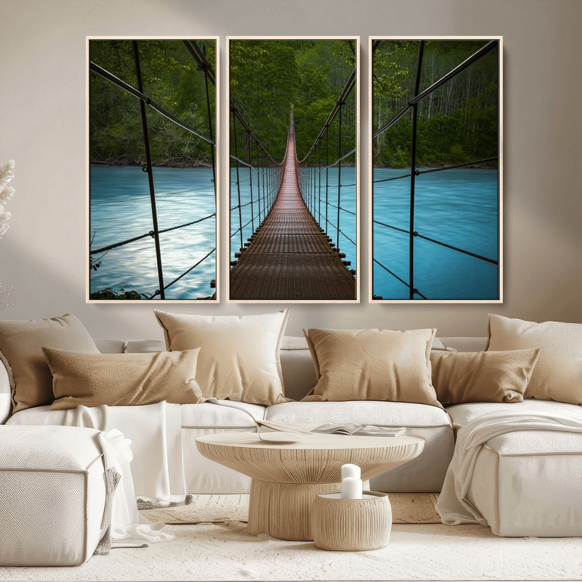 Suspension Bridge Over River Canvas Art | 3-Panel Nature Wall Art