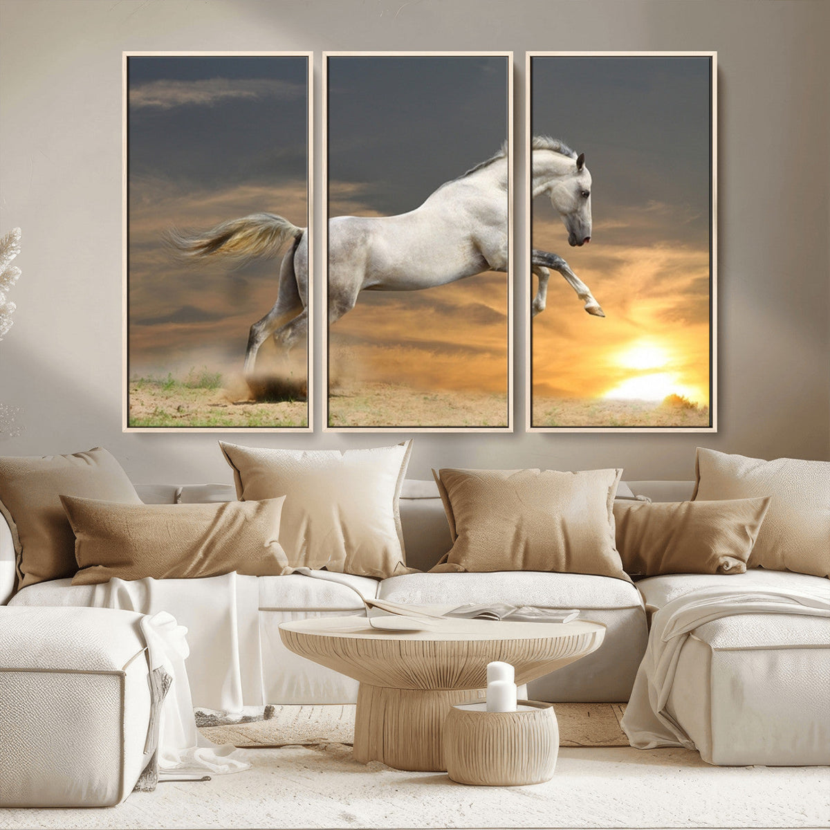 Large Wall Art Canvas Print, White Jumping Horse at Sunset