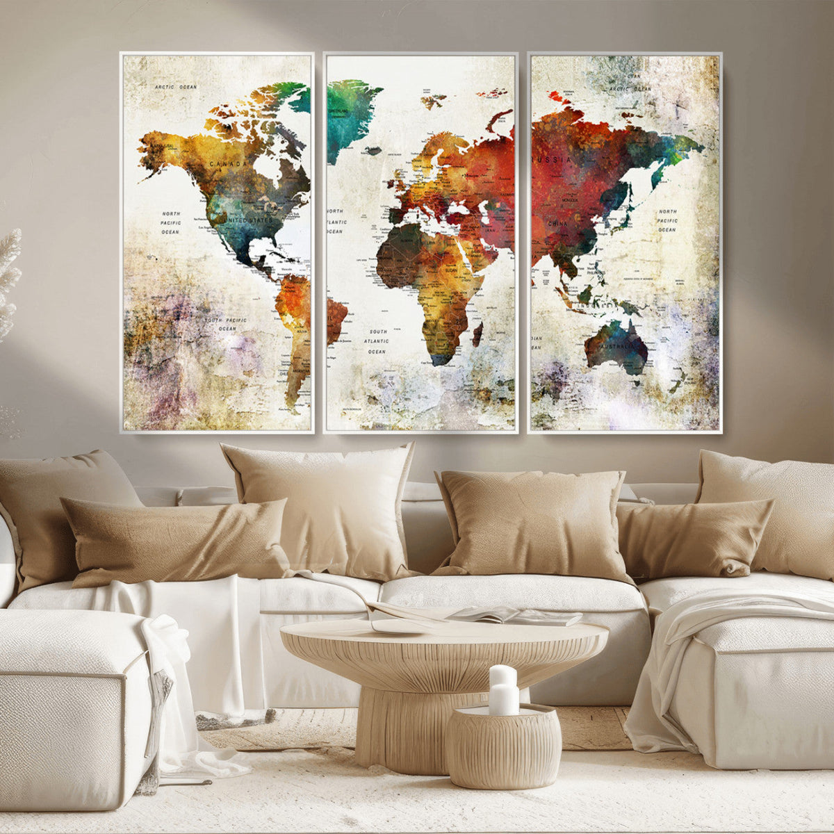 Watercolor World Map Canvas Print | Framed Travel Map Wall Art for Couples