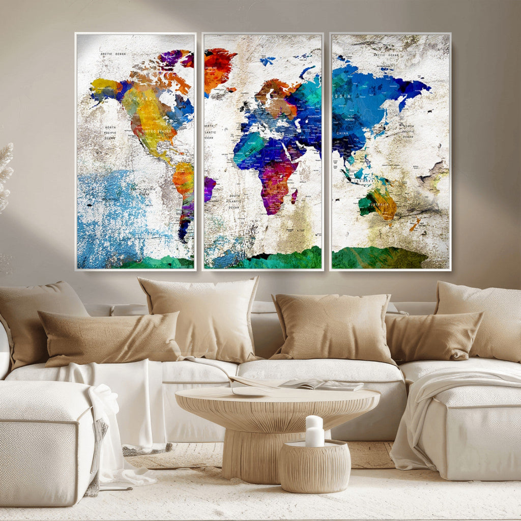 Navy Blue and Orange Watercolor World Map Canvas Print | Framed Travel Map