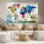 Navy Blue and Orange Watercolor World Map Canvas Print | Framed Travel Map