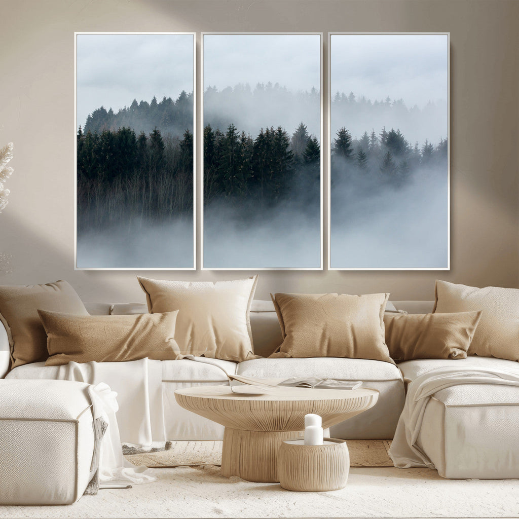 Autumn and Misty Trees in the Forest Wall Art Canvas Print, Foggy Forest Mountain Wall Art