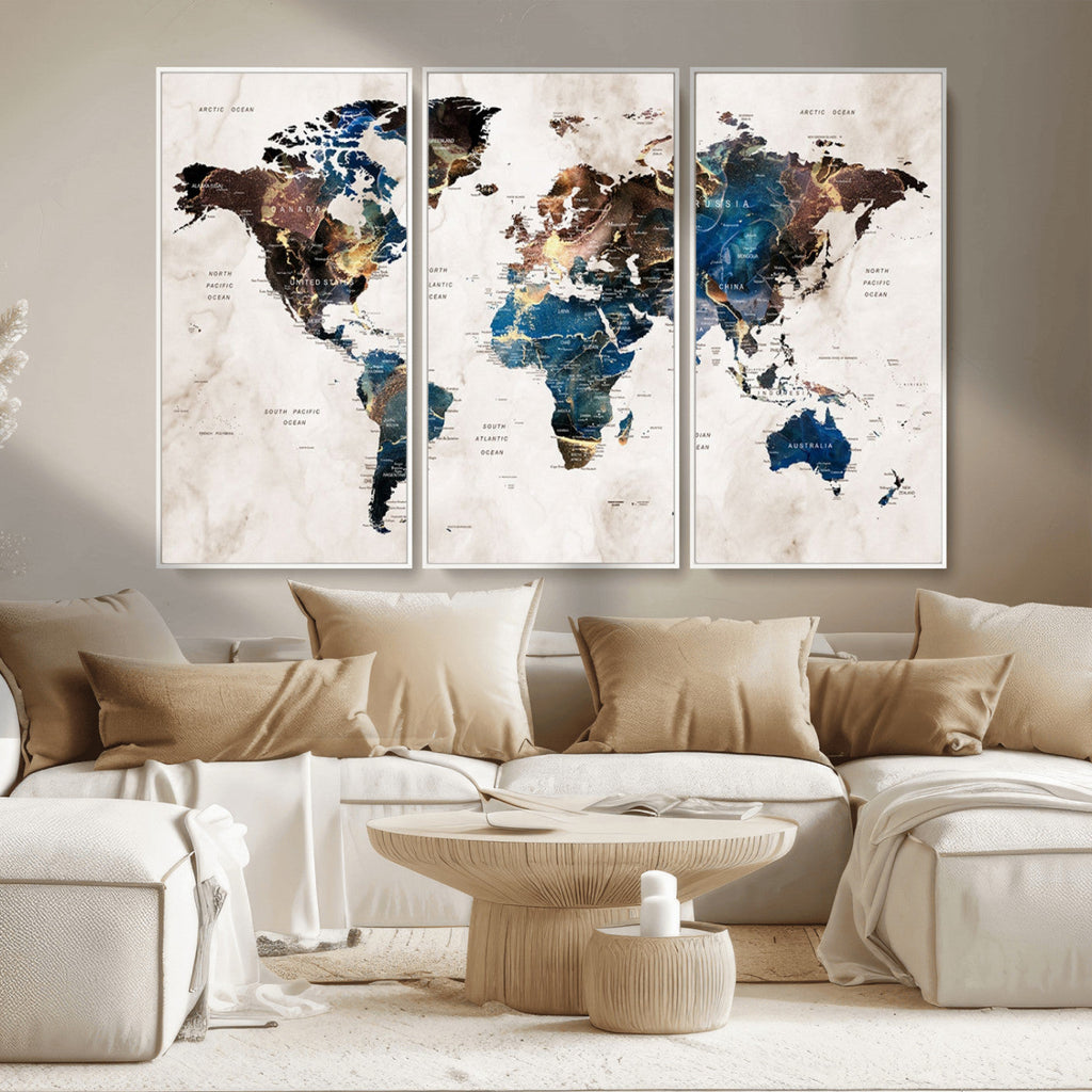 Abstract Earth Tone Blue World Map Canvas Print | Framed Travel Map Wall Art