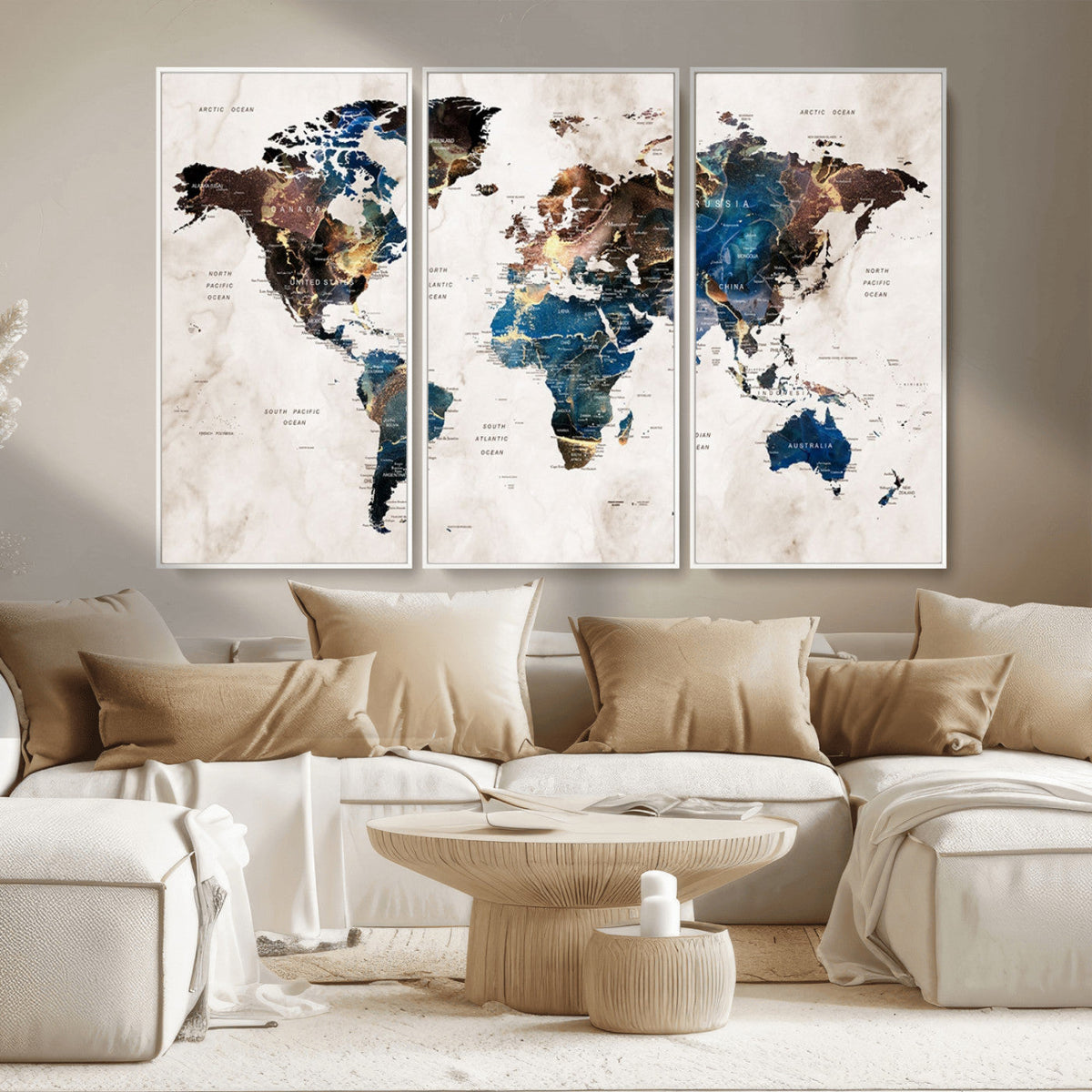 Abstract Earth Tone Blue World Map Canvas Print | Framed Travel Map Wall Art