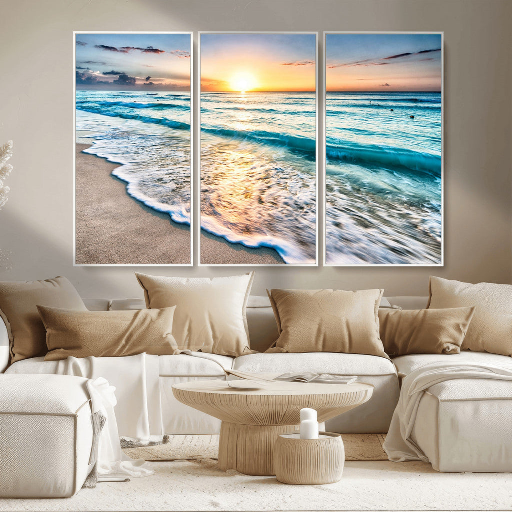 Sunset Beach Waves Canvas Wall Art | Ocean Sunset Coastal Print