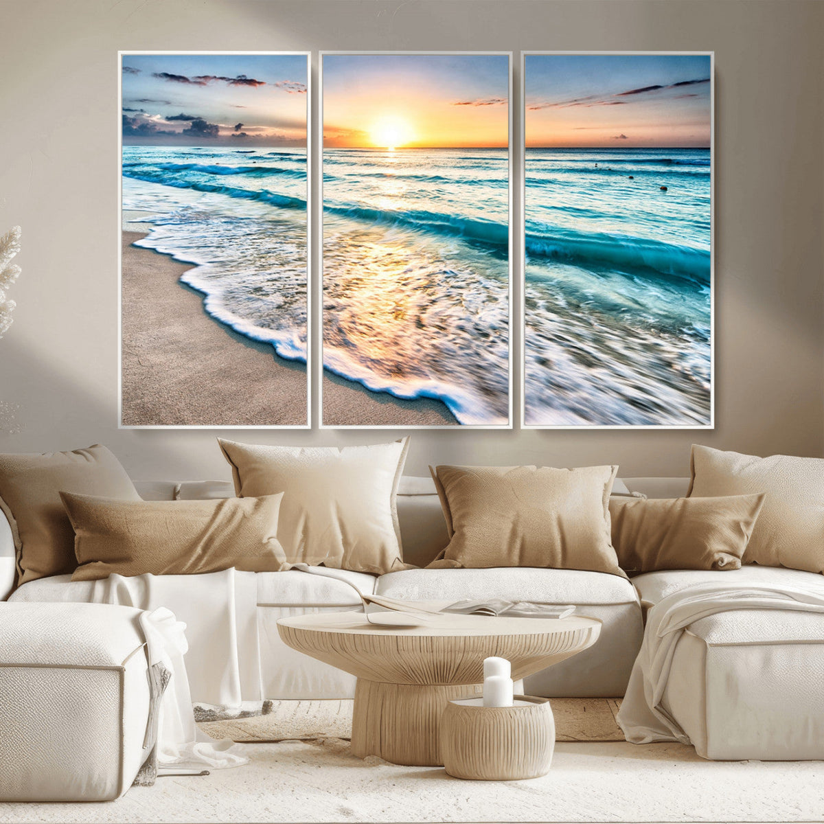 Sunset Beach Waves Canvas Wall Art | Ocean Sunset Coastal Print