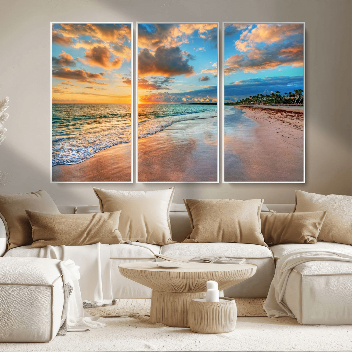 Sunset Beach Canvas Wall Art | Tropical Triptych Seascape Print