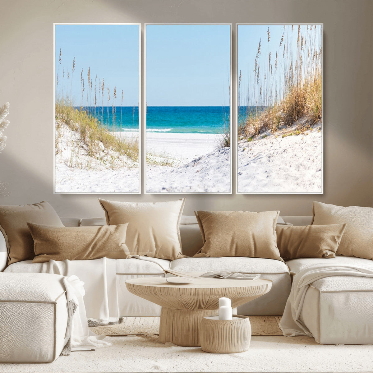 Serene Coastal Dune Path with Ocean View, 3-Panel Beach Canvas Wall Art