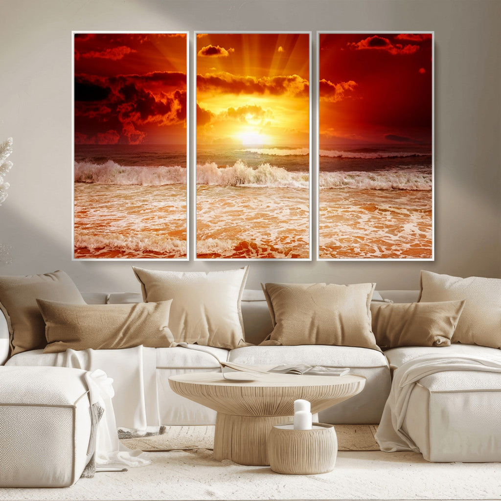 Red Sunset Ocean Beach Canvas Wall Art, Coastal Sunset Print