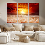 Red Sunset Ocean Beach Canvas Wall Art, Coastal Sunset Print