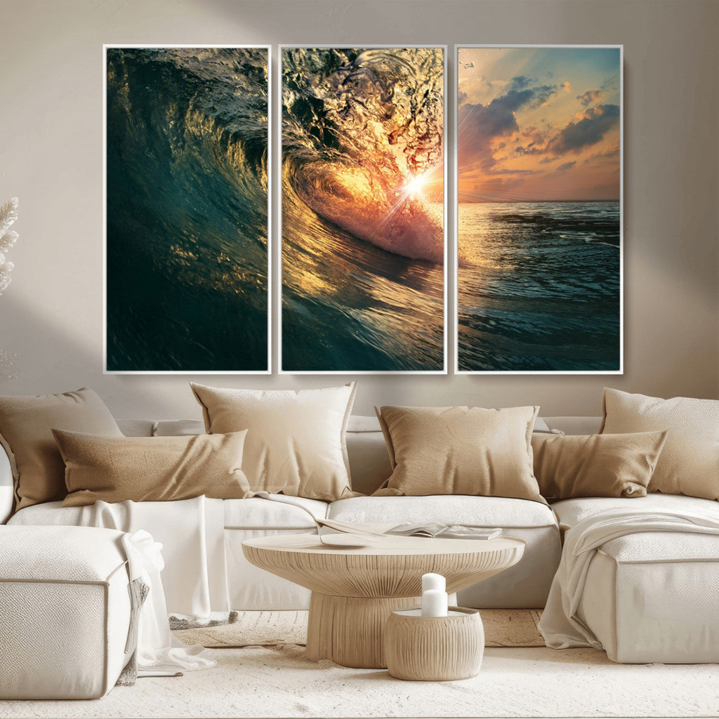 Ocean Wave Sunset Canvas Wall Art | Triptych Seascape Print