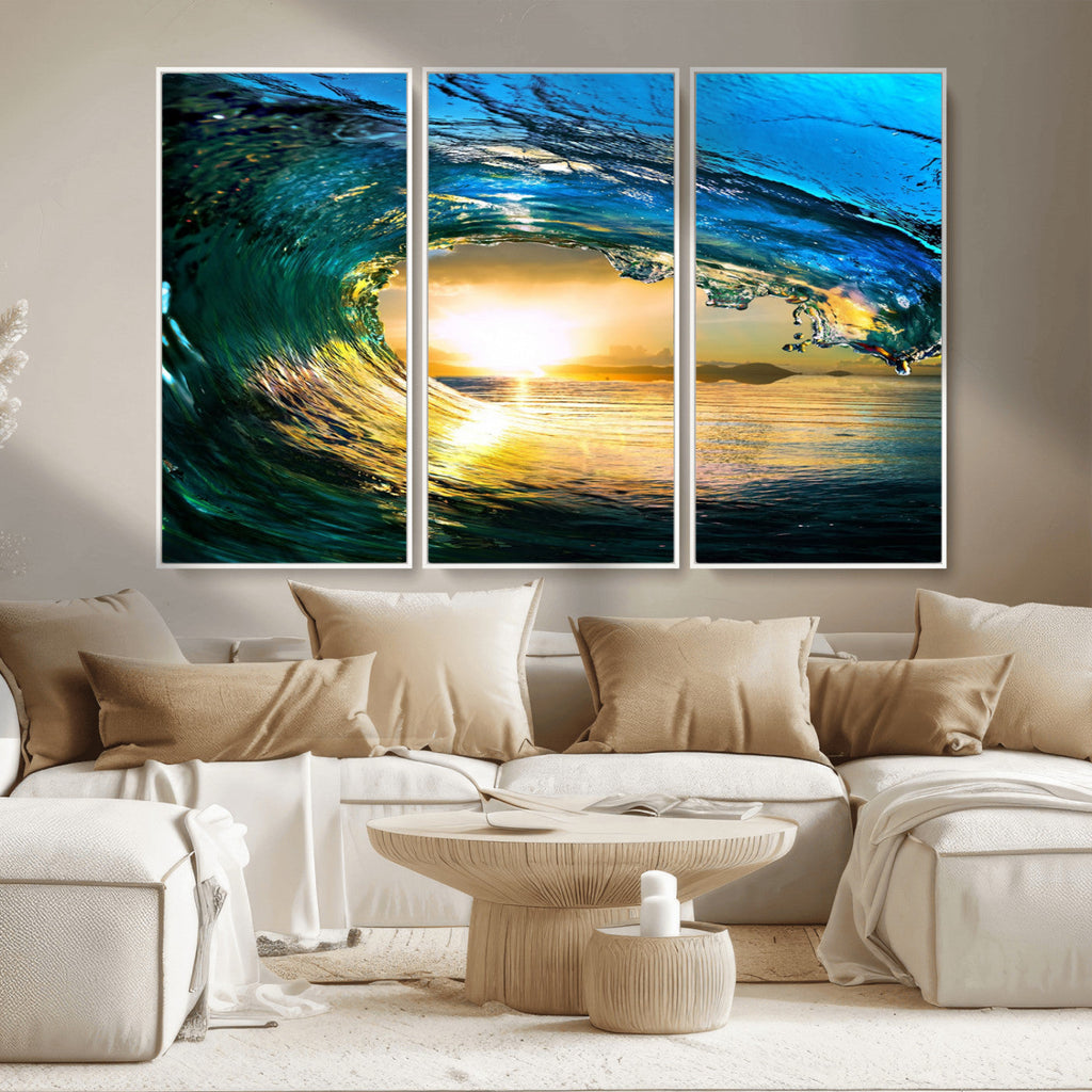 Ocean Wave at Sunset Canvas Art, Large Wall Print of Vibrant Surfing Wave