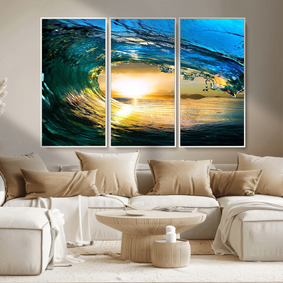 Ocean Wave at Sunset Canvas Art, Large Wall Print of Vibrant Surfing Wave